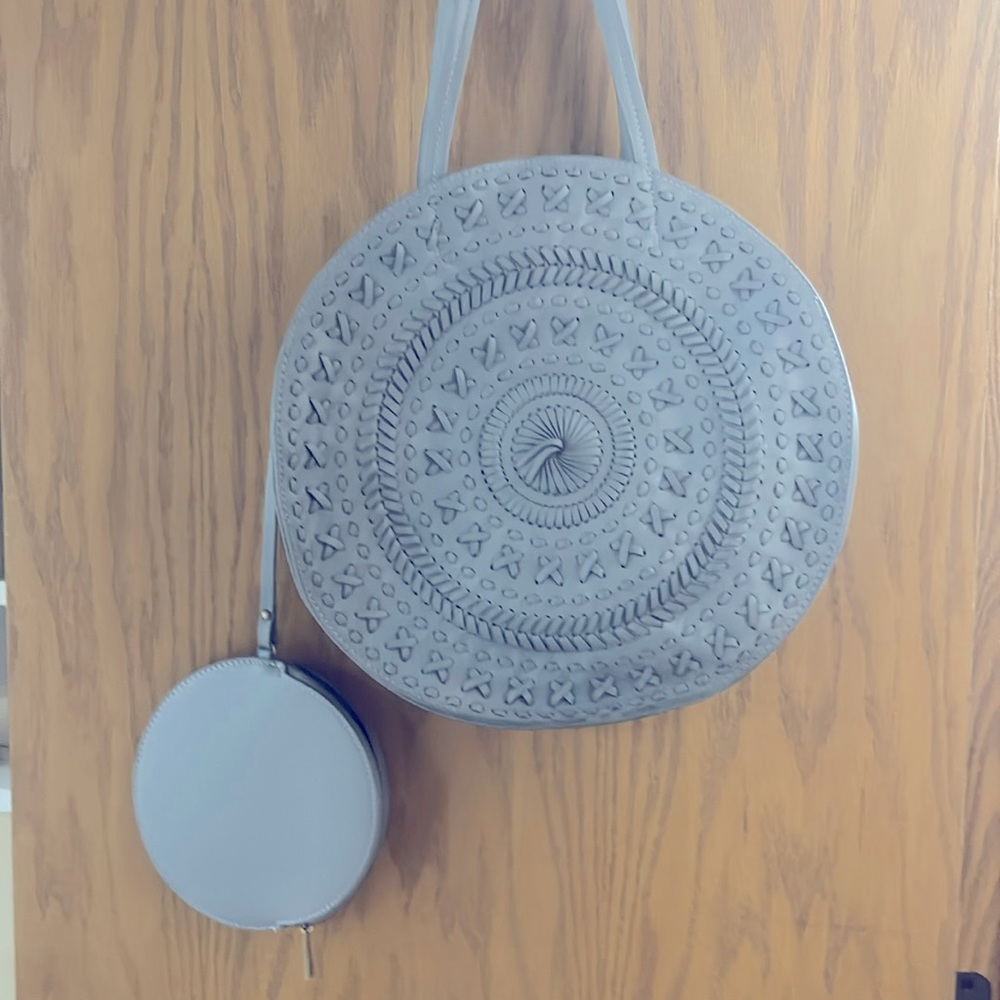 Slate blue woven circle Anthropologie shoulder bag